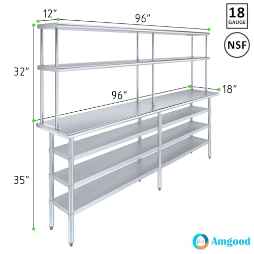 18" x 96" Stainless Steel Work Table with 3 Shelves and 12" Wide Double Tier Overshelf (18" x 96" Table with 3 Shelves + 12" Overshelf)