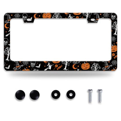 Pumpkin Witch Gothic License Plate Frame Bat Spider Web License Plate Holder Funny Personalise Car Stainless Stee Decorative Parts for Standard Us Canada Vehicles 12x6 Inch for Women Men (Pumpkin Witch Gothic)