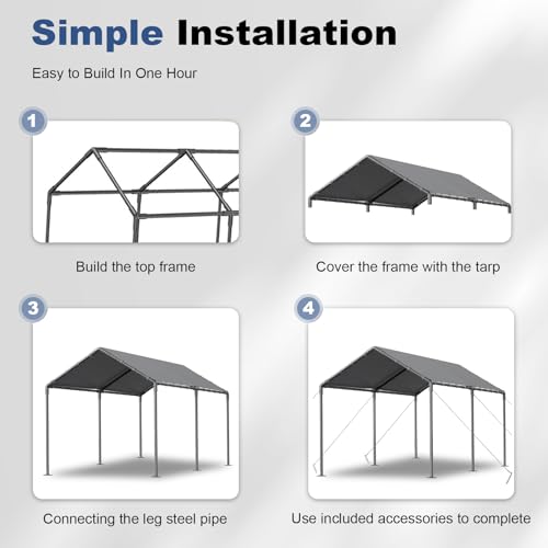 10x20ft Portable Car Tent Garage with UV Resistant Canopy (Grey no sidewall)