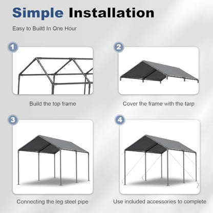 10'x20' Outdoor Heavy Duty Carport Storage Shed Portable Garage Boat Shelter Party Tent Waterproof & UV Galvanized Protected Tarp Grey (Gray)