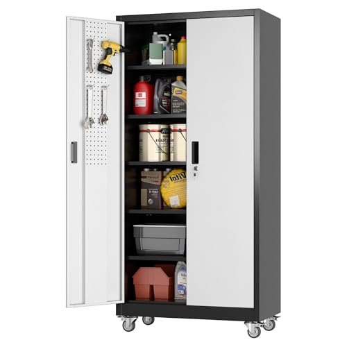 Garage Storage Cabinet with Pegboard (Black&silver / 18"D x 34"W x 71"H)