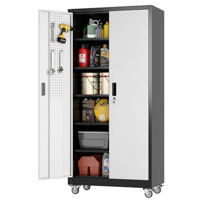 Garage Storage Cabinet with Pegboard (Black&silver / 18"D x 34"W x 71"H)