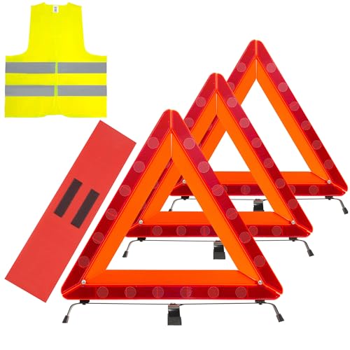 3Pack Car Warning Triangle Heavy Reflective Warning Road Safety Triangle Kit Suitable for car Breakdown and Temporary Parking on the Road (Red-M-3)