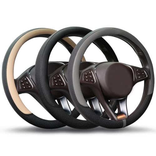 Breathable Car Steering Wheel Cover 15 inch Auto Universal Leather Wrap Non (A-Grey / M (14.5"-15"))