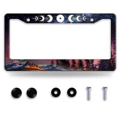 Moon Phase License Plate Frame Stainless Steel Starry Sky License Holder (Moon Phases Forests)