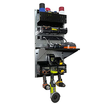 Power Tool Storage Organizer Kit Cordless Drill Holder Charging Station Rack 16” x 32” Metal Pegboard Organization System (Metallic Pegboard)