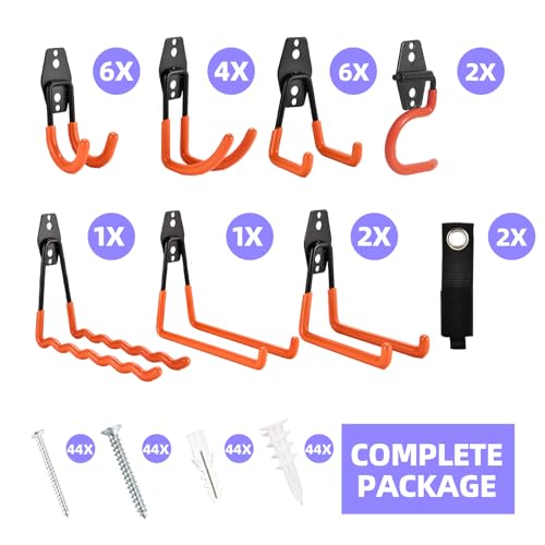 24 Pack Garage Hooks Steel Heavy Duty Garage Storage Hooks Utility Steel Wall Mount Garage Hanger&Organizer for Bikes (Orange-HD-24PC)