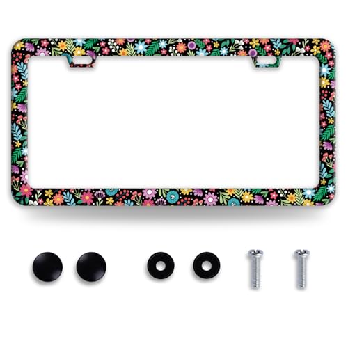Colorful Flowers Art Stainless Steel License Plate Frame for US Cars Decor (Colorful Flowers)