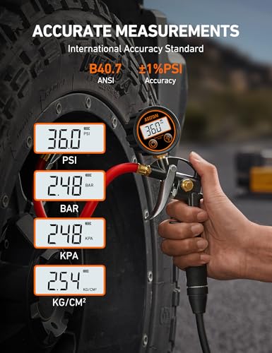 T1 Digital Tire Pressure Gauge with Inflator (Digital 3-250 psi / Red)