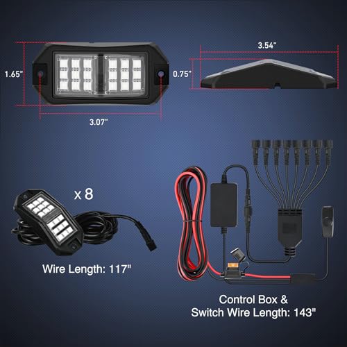 RGB LED Rock Lights Kit 8 PCS 18LED Wide Angle Wheel Well Light (8 Pods / RGB 18LED)