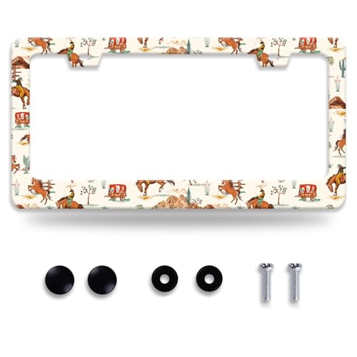 Western Cowboy License Plate Frame Horse Racing License Plate Holder Funny Personalise Car Stainless Stee Decorative Parts for Standard Us Canada Vehicles 12x6 Inch for Women Men (Western Cowboy)
