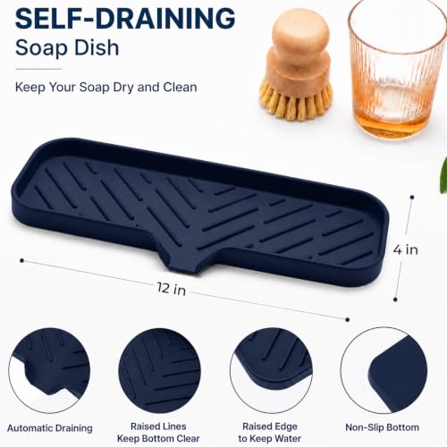 Silicone Soap Dish with Drain Spout (Navy Blue / L(12"×4"))