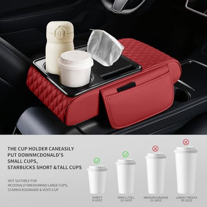 5-in-1 Car Center Console Armrest Cover Pad, Multifunctional Car Arm Rest Organizer with Cup Holder, Tissue Slot & Side Storage Pockets, Soft Leather Auto Armrest Cushion, Black, Claret (Claret)