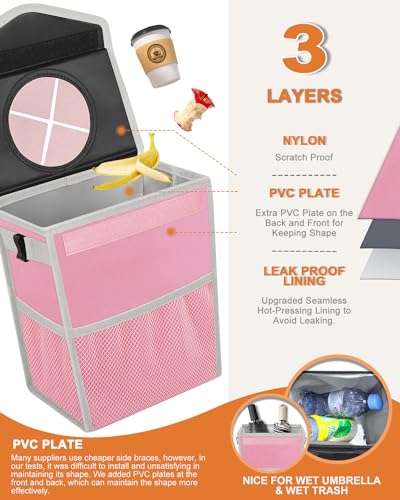Car Trash Can with Lid Leakproof Car Garbage Bag Vehicle Trash Bin (2 Gallons / Pink)