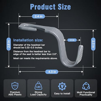 4 Pack Car Headrest Hooks Holds 55lbs Seat Storage Organizer for Bags (Grey Check)