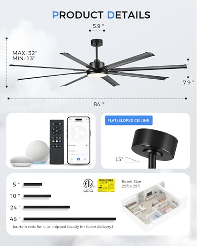 84 Inch Large Ceiling Fan with Light (Matte Black / 84 Inch)