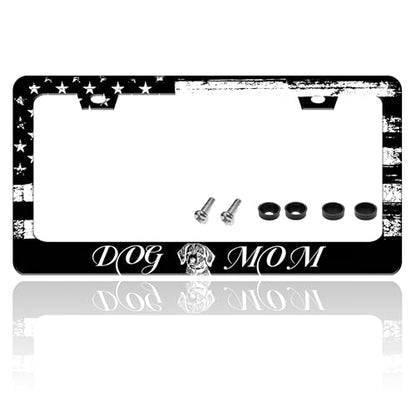 Dog Mom License Plate Frame Vintage American Flag Animal License Plate Holder for Front or Rear Car Tags Reusable Durable Stainless Steel Car Funny Decoration with Screws 6.3 X 12.2 in for Men Women (Dog Mom)