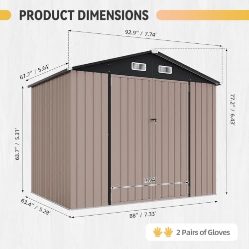 7.3'x5.3' Shed with Floor Galvanized Steel Outdoor Storage Shed Brown (Brown / 8'x6'w)