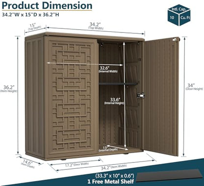 Indoor Outdoor Storage Cabinet with Doors and Shelf (Brown)