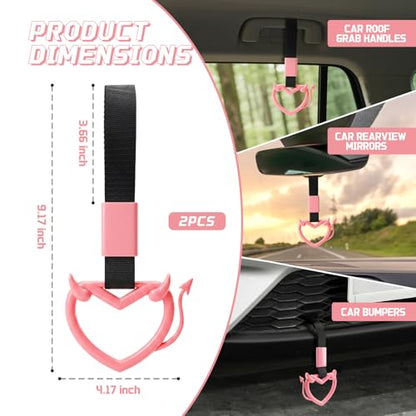 2 Pcs Devil Heart Shaped Car Handle Strap (Pink-Tail)
