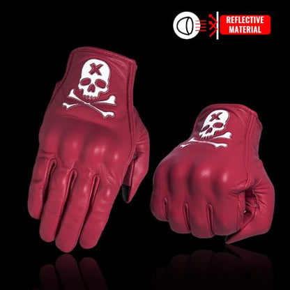 Goatskin Leather Motorcycle Motorbike Powersports Racing Gloves Reflective Skull Touchscreen for Men and Women Model (HEE5 / Medium)