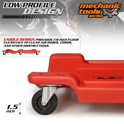 Plastic Rolling Garage Creeper with Padded Headrest 36" Light Weight Automotive Creeper Mechanic Cart with Dual Tool Trays and Noiseless Casters (Red / 36")