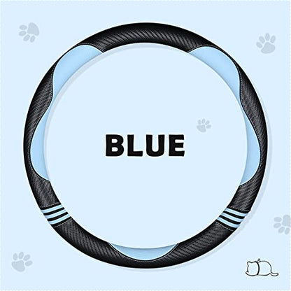 Car Steering Wheel Covers for Women Girl Padded Carbon Fiber PU Leather Cute Cartoon Auto Interior Accessories for Jeep (Blue+Black / Large Size[15.2-16"](38.6-40.5cm))