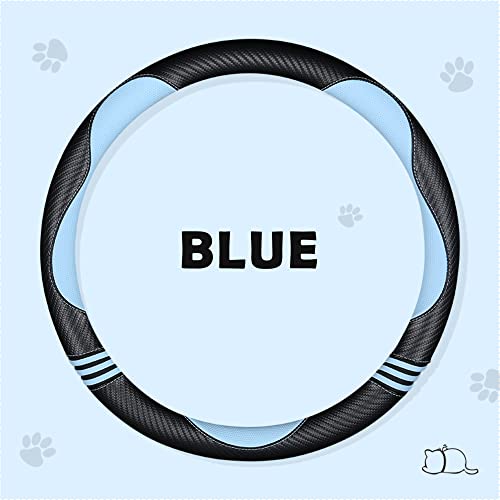 Car Steering Wheel Covers for Women Padded Carbon Fiber PU Leather Cute Auto Interior Accessories for Vehicle (Blue+Black / Standard Size[14.75-15.15"](37.5-38.5cm))