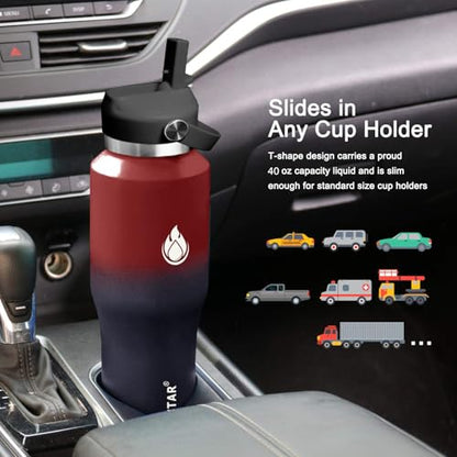 40oz Water Bottle Wide Mouth Stainless Steel Vacuum Insulated Double Wall with 2 Straw Lids Fit in Any Car Cup Holder (Carbon Red / 40 Ounces)