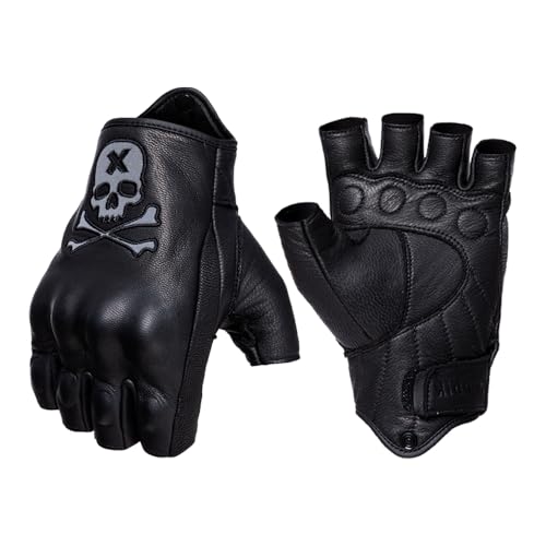 Goatskin Leather Motorcycle Motorbike Powersports Racing Gloves Reflective Skull Touchscreen for Men and Women Model (HEE2 / X-Small)