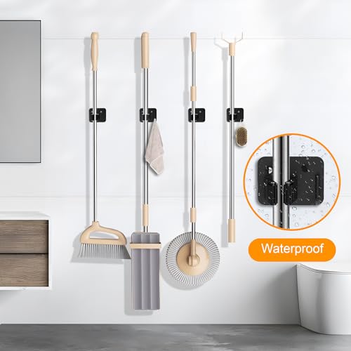 4 Pack Stainless Steel Heavy Duty Broom Holder Wall Mount with Hook (D-Black / 4PCS Gripper)