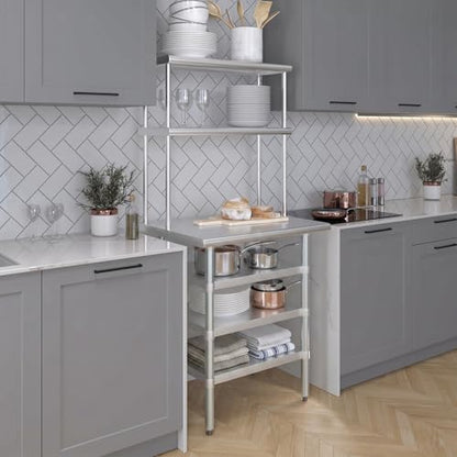 24" x 30" Stainless Steel Work Table with 3 Shelves and 12" Wide Double Tier Overshelf (24" x 30" Table with 3 Shelves + 12" Overshelf)