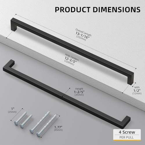 60 Pack 12-3/5 Inch Black Cabinet Handles Matte Black Drawer Pulls Stainless Steel Cabinets Hardware Square Bar Modern for Kitchen Bathroom Cupboard