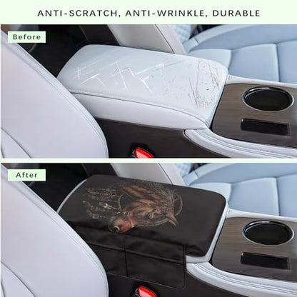 Brown Horse Dream Catcher Auto Center Console Cover Armrest Seat Box Pad Protector with Side Storage Pocket Middle Console Pad Arm Rest Protective Cover Car Interior Protection (Brown Horse Dream Catcher)