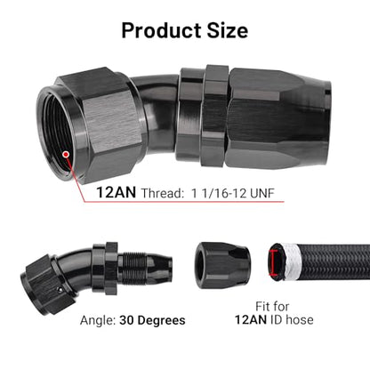 12AN 30 Degree One Piece Full Flow Hose End Fitting Swivel for CPE Braided Hose (12AN / 30 Degree)