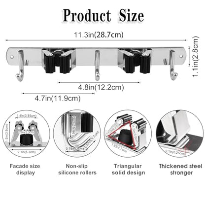 Broom Holder Wall Mount (2 Racks & 3 Hooks (Silver) - 1 Pack)