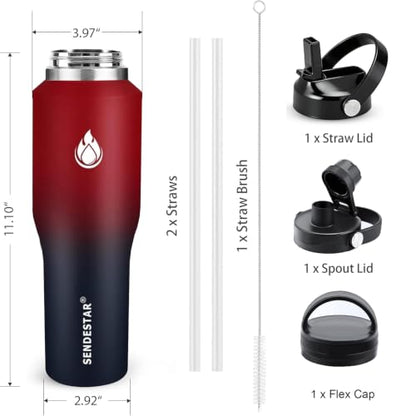 40oz Water Bottle Wide Mouth Stainless Steel Vacuum Insulated Double Wall with 2 Straw Lids Fit in Any Car Cup Holder (Carbon Red / 40 Ounces)