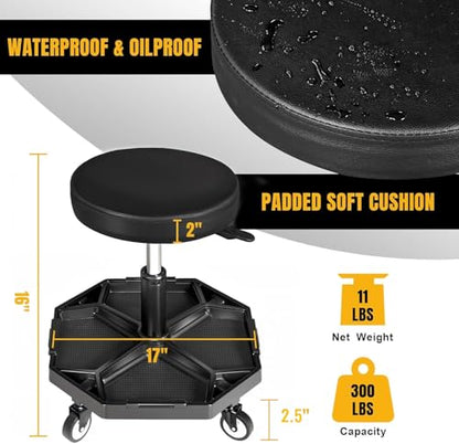 Rolling Garage Seat with Wheels Adjustable Height Pneumatic Mechanic Stool 300Lbs Heavy Duty Shop Creeper Seat with 4 Removable Storage Tool Tray Workshop Chair for Auto Repair (Black)