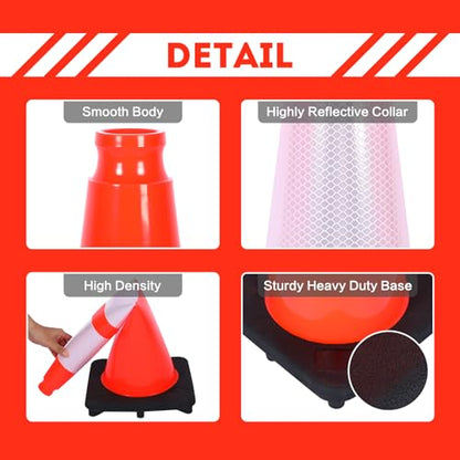 Traffic Cones 28 inch 6 Pack Heavy Duty Safety Cones Orange with Reflective Collars Fit Parking Lot (28 inch(12inch base black))