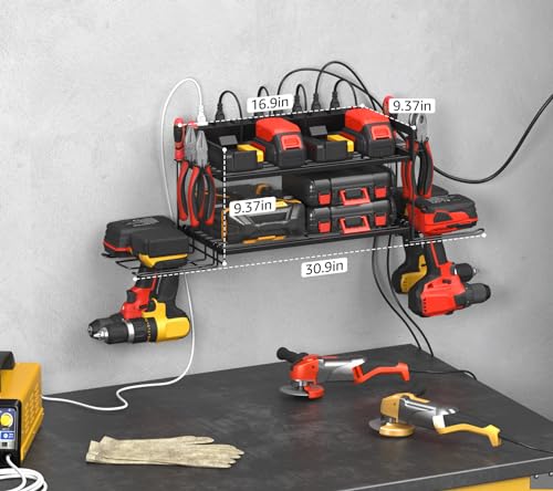 Garage Tools Storage with Charging Station. Power Tool Battery Organizer Utility Shelf with Power Strip. 4 Drills Holder Wall Mount Rack (Small / 2 Layer)