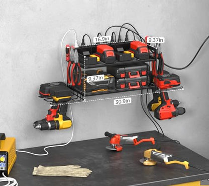 Garage Tools Storage with Charging Station. Power Tool Battery Organizer Utility Shelf with Power Strip. 4 Drills Holder Wall Mount Rack (Small / 2 Layer)