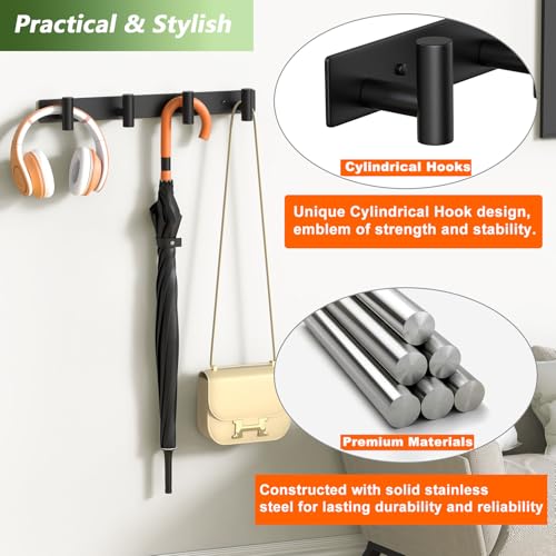 Coat Rack Wall Mounted ("T" Shape 4 Hooks - 2 Pack / Black)