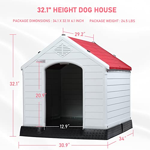 Durable Waterproof Plastic Dog House for Small to Large Sized Dogs (Red / 34"L x 31"W x 32"H)