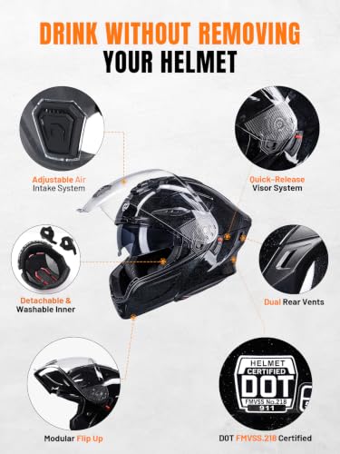 Modular Motorcycle Helmet DOT Certified Full Face Helmet Flip up Street Motorcycle Helmets for Unisex Adult Glossy Black Full Face Motorcycle Helmet (Glossy Black / X-Large)