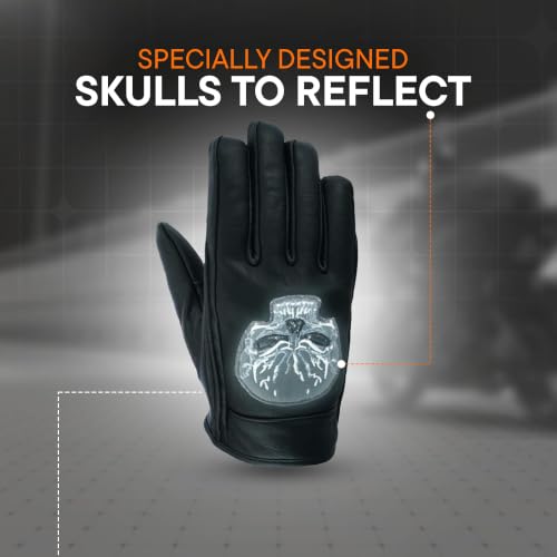 Daniel Smart Men's Motorcycle Leather Gloves with Reflective Skull Short Glove & Touch Screen Fingertips (SHORT GLOVE / X-Small)