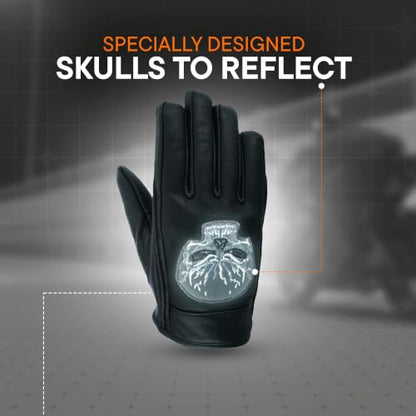 Daniel Smart Men's Motorcycle Leather Gloves with Reflective Skull Short Glove & Touch Screen Fingertips (SHORT GLOVE / XX-Large)