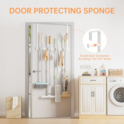 Broom Holder Over The Door with Hooks (White)