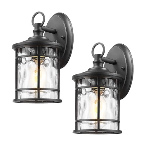 2 Pack Exterior Wall Sconce Light (Black - Water Ripple Glass / 11.4 Inch)