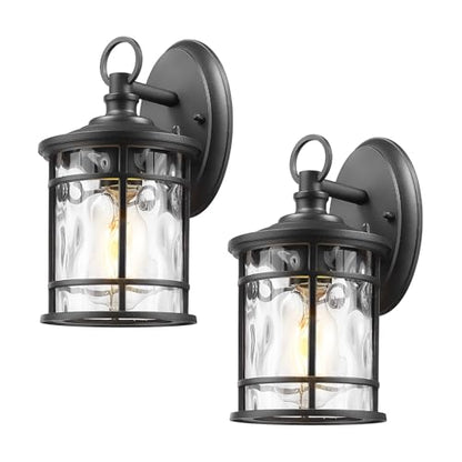 2 Pack Exterior Wall Sconce Light (Black - Water Ripple Glass / 11.4 Inch)