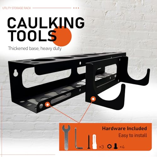 Wall Mount Caulking Gun Rack Holds 6 Caulk Tubes & Nozzles (Black)